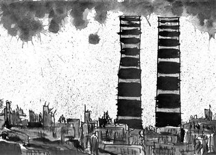 2011 :: Black Ink Drawing, Below the Twin Towers :: A4