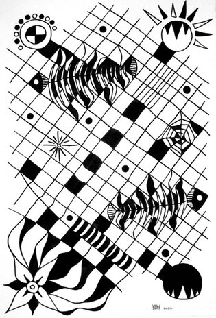 2011 : : Dessin à l'encre noire, Filet de poissons